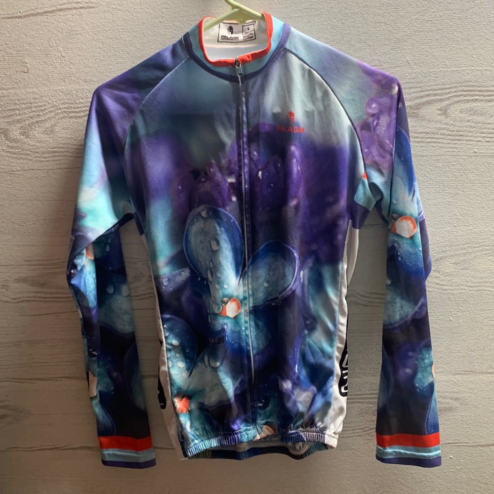 Paladin Cycling jersey jacket rear pockets purple multi color size L runs small